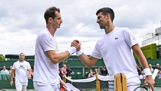 Mandatory Credit: Photo by ANL/REX/Shutterstock (14146509b) Wimbledon warm-up. Andy Murray and Novak Djokovic shake hands after warming up against each other on championship court 14, ahead of the at Wimbledon championships. SEI162447 - 01 Jul 2023
