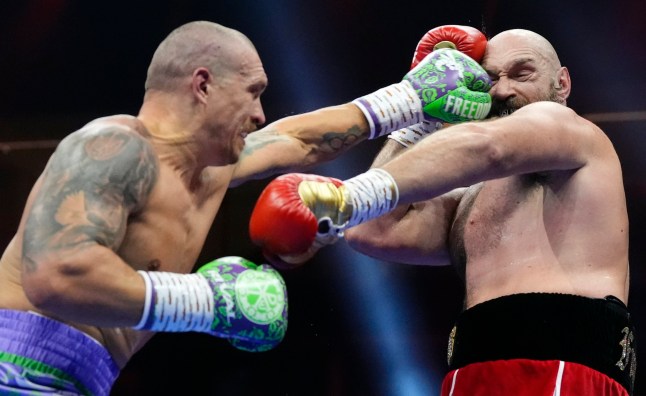 Tyson Fury (right) and Oleksandr Usyk during the WBA, WBC, WBO, IBO World Heavyweight championship contest at the Kingdom Arena in Riyadh, Saudi Arabia. Picture date: Saturday December 21, 2024. PA Photo. See PA story BOXING Fury. Photo credit should read: Nick Potts/PA Wire. RESTRICTIONS: Use subject to restrictions. Editorial use only, no commercial use without prior consent from rights holder.