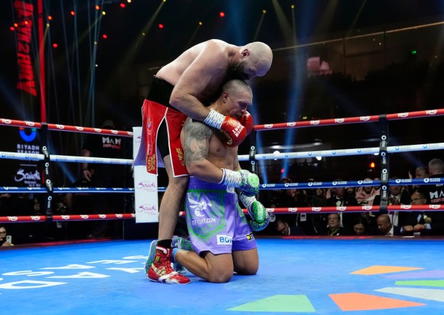 Tyson Fury and Oleksandr Usyk following the WBA, WBC, WBO, IBO World Heavyweight championship contest at the Kingdom Arena in Riyadh, Saudi Arabia. Picture date: Saturday December 21, 2024. PA Photo. See PA story BOXING Fury. Photo credit should read: Nick Potts/PA Wire. RESTRICTIONS: Use subject to restrictions. Editorial use only, no commercial use without prior consent from rights holder.