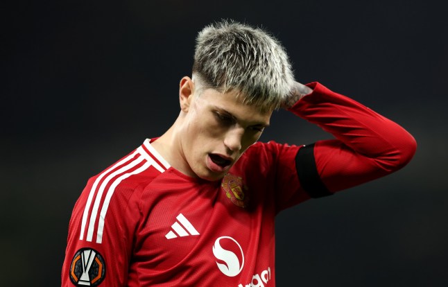 MANCHESTER, ENGLAND - NOVEMBER 07: Alejandro Garnacho of Manchester United reacts during the UEFA Europa League 2024/25 League Phase MD4 match between Manchester United and PAOK FC at Old Trafford on November 07, 2024 in Manchester, England. (Photo by Carl Recine/Getty Images)