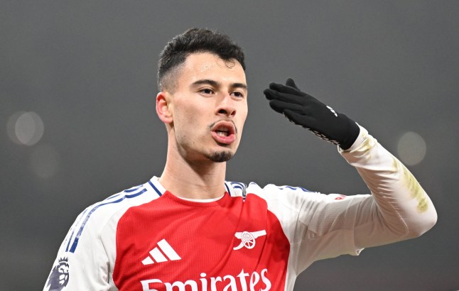 LONDON, ENGLAND - JANUARY 18: Gabriel Martinelli of Arsenal celebrates scoring his team's first goal during the Premier League match between Arsenal FC and Aston Villa FC at Emirates Stadium on January 18, 2025 in London, England. (Photo by Stuart MacFarlane/Arsenal FC via Getty Images)
