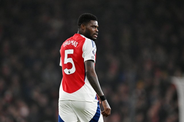 LONDON, ENGLAND - JANUARY 18: Thomas Partey of Arsenal looks on during the Premier League match between Arsenal FC and Aston Villa FC at Emirates Stadium on January 18, 2025 in London, England. (Photo by Stuart MacFarlane/Arsenal FC via Getty Images)