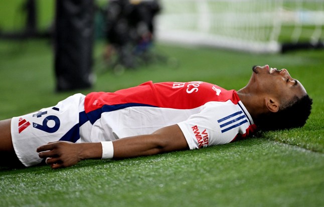 LONDON, ENGLAND - JANUARY 18: Myles Lewis-Skelly of Arsenal reacts during the Premier League match between Arsenal FC and Aston Villa FC at Emirates Stadium on January 18, 2025 in London, England. (Photo by Stuart MacFarlane/Arsenal FC via Getty Images)
