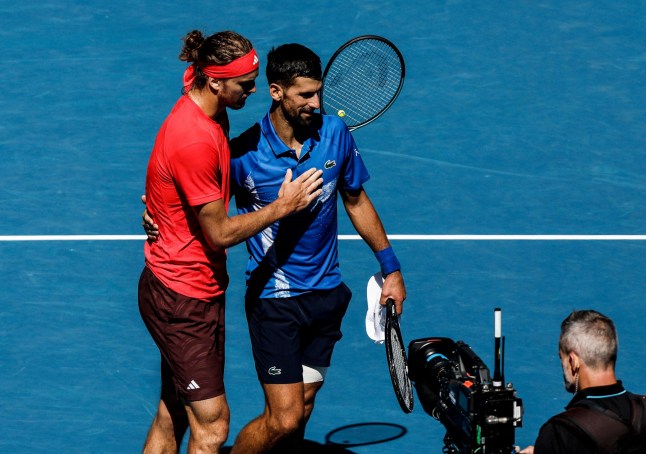 Mandatory Credit: Photo by Xinhua/Shutterstock (15115738b) Alexander Zverev(L) comforts Novak Djokovic after the men's singles semifinals between Novak Djokovic of Serbia and Alexander Zverev of Germany at Australian Open tennis tournament in Melbourne, Australia, Jan. 24, 2025. Australia Melbourne Tennis Australian Open Men's Singles Semifinals - 24 Jan 2025