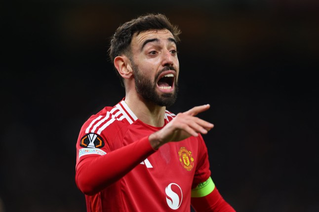 MANCHESTER, ENGLAND - JANUARY 23: Bruno Fernandes of Manchester United during the UEFA Europa League 2024/25 League Phase MD7 match between Manchester United and Rangers FC at Old Trafford on January 23, 2025 in Manchester, England. (Photo by Marc Atkins/Getty Images)