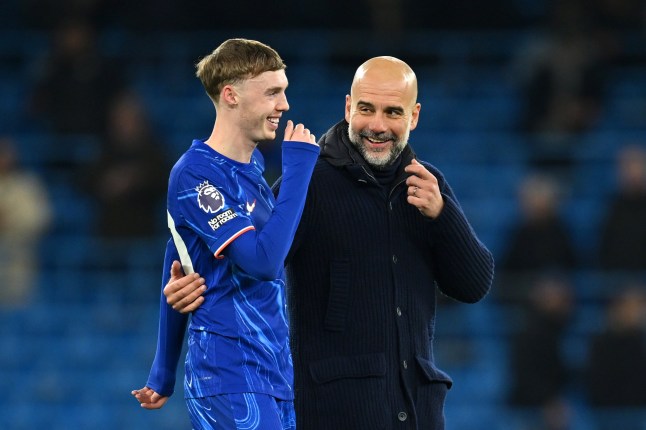 MANCHESTER, ENGLAND - JANUARY 25: Cole Palmer of Chelsea and Pep Guardiola, Manager of Manchester City, interact after the Premier League match between Manchester City FC and Chelsea FC at Etihad Stadium on January 25, 2025 in Manchester, England. (Photo by Michael Regan/Getty Images)