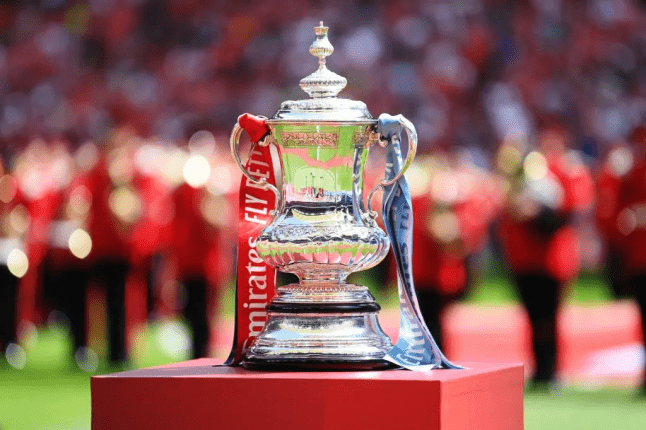 The FA Cup on a podium.