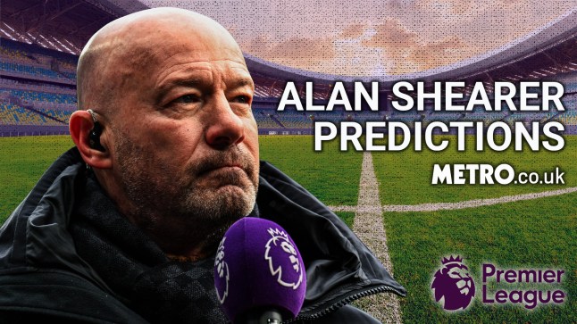 Alan Shearer holding a mic with the Premiere League logo, in front of a football pitch and text reading: 'Alan Shearer predictions'.