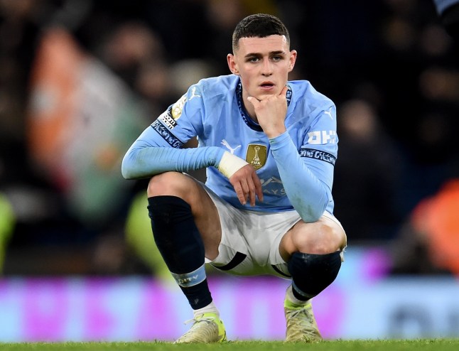 epa11779379 Manchester City's Phil Foden reacts after losing the English Premier League soccer match between Manchester City and Manchester United, in Manchester, Britain, 15 December 2024. EPA/PETER POWELL