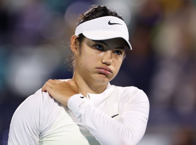ABU DHABI, UNITED ARAB EMIRATES - FEBRUARY 04: Emma Raducanu of Great Britain struggles in her first round match against Marketa Vondrousova of Czech Republic during day three of the Mubadala Abu Dhabi Open, part of the Hologic WTA Tour, at Zayed Sports City on February 04, 2025 in Abu Dhabi, United Arab Emirates. (Photo by Francois Nel/Getty Images)
