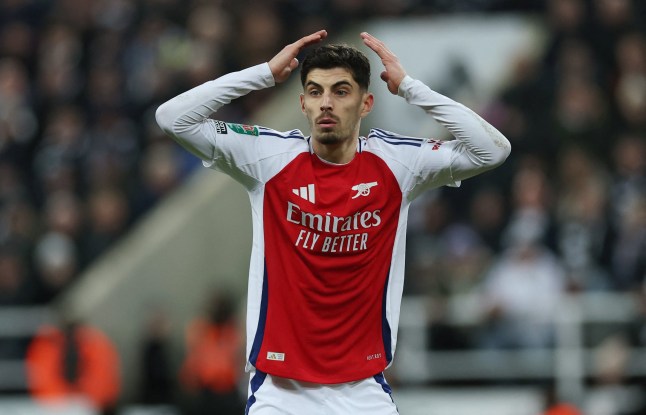 Soccer Football - Carabao Cup - Semi Final - Second Leg - Newcastle United v Arsenal - St James' Park, Newcastle, Britain - February 5, 2025 Arsenal's Kai Havertz reacts Action Images via Reuters/Lee Smith EDITORIAL USE ONLY. NO USE WITH UNAUTHORIZED AUDIO, VIDEO, DATA, FIXTURE LISTS, CLUB/LEAGUE LOGOS OR 'LIVE' SERVICES. ONLINE IN-MATCH USE LIMITED TO 120 IMAGES, NO VIDEO EMULATION. NO USE IN BETTING, GAMES OR SINGLE CLUB/LEAGUE/PLAYER PUBLICATIONS. PLEASE CONTACT YOUR ACCOUNT REPRESENTATIVE FOR FURTHER DETAILS..