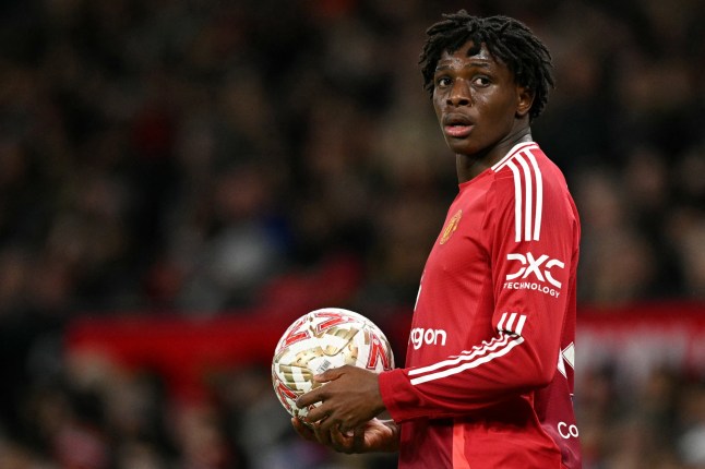 Manchester United's Danish defender #13 Patrick Dorgu looks on during the English FA Cup fourth round football match between Manchester United and Leicester City at Old Trafford in Manchester, north west England, on February 7, 2025. (Photo by Oli SCARFF / AFP) / RESTRICTED TO EDITORIAL USE. No use with unauthorized audio, video, data, fixture lists, club/league logos or 'live' services. Online in-match use limited to 120 images. An additional 40 images may be used in extra time. No video emulation. Social media in-match use limited to 120 images. An additional 40 images may be used in extra time. No use in betting publications, games or single club/league/player publications. / (Photo by OLI SCARFF/AFP via Getty Images)