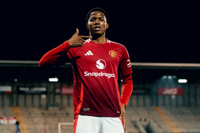 LEIGH, ENGLAND - FEBRUARY 12: Chido Obi-Martin of Manchester United celebrates scoring a goal to make the score 5-1 during the FA Youth Cup Fifth Round match between Manchester United U18 and Chelsea U18 at Leigh Sports Village on February 12, 2025 in Leigh, England. (Photo by Zohaib Alam - MUFC/Manchester United via Getty Images)