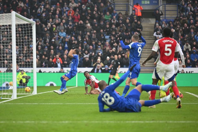 LEICESTER, ENGLAND - FEBRUARY 15: Myles Lewis-Skelly of Arsenal reacts during the Premier League match between Leicester City FC and Arsenal FC at The King Power Stadium on February 15, 2025 in Leicester, England. (Photo by Michael Regan/Getty Images)