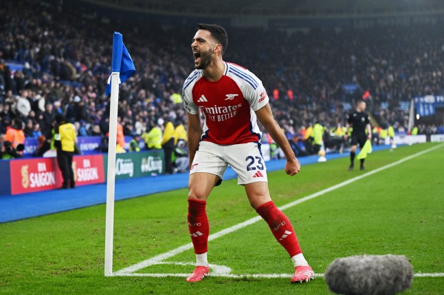 LEICESTER, ENGLAND - FEBRUARY 15: Mikel Merino of Arsenal celebrates scoring his team's second goal during the Premier League match between Leicester City FC and Arsenal FC at The King Power Stadium on February 15, 2025 in Leicester, England. (Photo by Shaun Botterill/Getty Images)