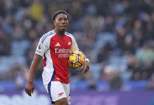LEICESTER, ENGLAND - FEBRUARY 15: Myles Lewis-Skelly of Arsenal during the Premier League match between Leicester City FC and Arsenal FC at The King Power Stadium on February 15, 2025 in Leicester, England. (Photo by Catherine Ivill - AMA/Getty Images)