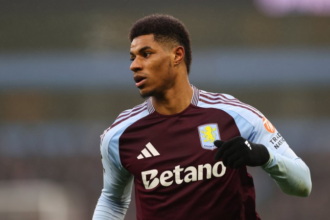 BIRMINGHAM, ENGLAND - FEBRUARY 15: Marcus Rashford of Aston Villa looks on during the Premier League match between Aston Villa FC and Ipswich Town FC at Villa Park on February 15, 2025 in Birmingham, England. (Photo by Marc Atkins - AVFC/Getty Images)