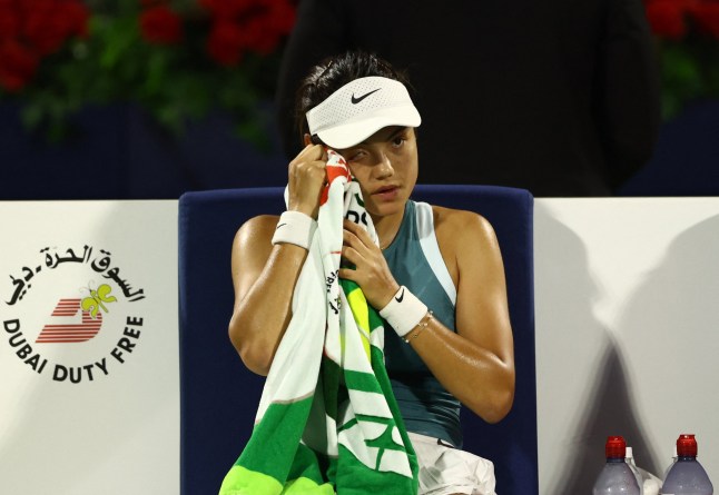 Tennis - Dubai Championships - Dubai Tennis Stadium, Dubai, United Arab Emirates - February 16, 2025 Britain's Emma Raducanu during her round of 64 match against Greece's Maria Sakkari REUTERS/Amr Alfiky