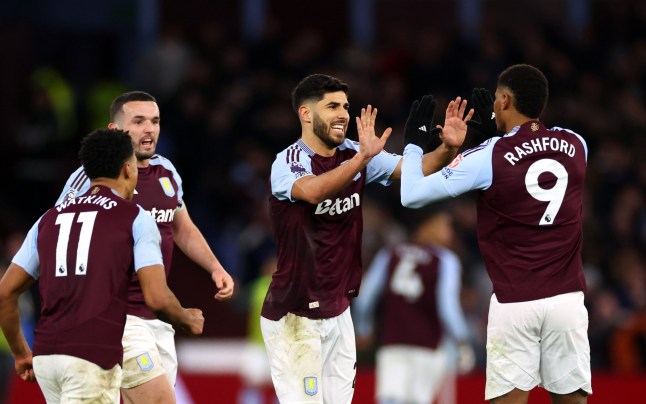 BIRMINGHAM, ENGLAND - FEBRUARY 22: Marco Asensio of Aston Villa celebrates scoring his team's first goal with teammate Marcus Rashford following a VAR review during the Premier League match between Aston Villa FC and Chelsea FC at Villa Park on February 22, 2025 in Birmingham, England. (Photo by Marc Atkins - AVFC/Aston Villa FC via Getty Images)