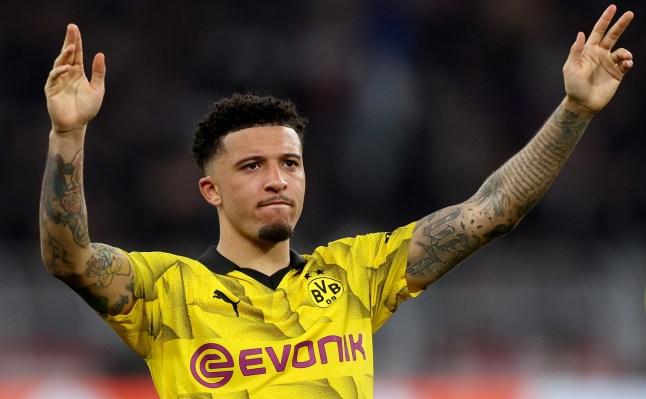 DORTMUND, GERMANY - MAY 01: Jadon Sancho of Dortmund celebrates after winning the UEFA Champions League semi-final first leg match between Borussia Dortmund and Paris Saint-Germain at Signal Iduna Park on May 01, 2024 in Dortmund, Germany. (Photo by Lars Baron/Getty Images) (Photo by Lars Baron/Getty Images)