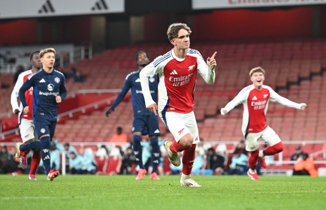 LONDON, ENGLAND - FEBRUARY 28: Max Dowman of Arsenal celebrates scoring his team's second goal during the FA Youth Cup Quarter Final match between Arsenal U18 and Manchester United U18 at Emirates Stadium on February 28, 2025 in London, England. (Photo by Stuart MacFarlane/Arsenal FC via Getty Images)