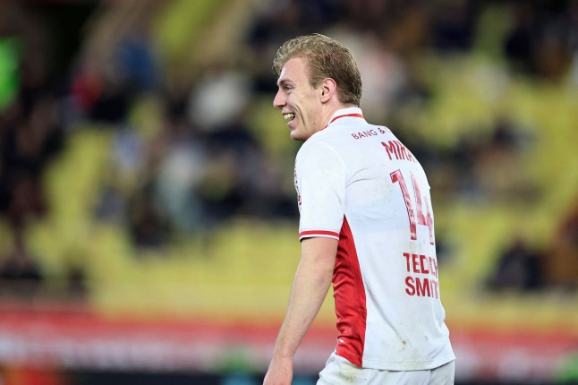 Monaco's Danish forward #14 Mika Biereth reacts during the French L1 football match between AS Monaco and Stade de Reims at the Louis II Stadium (Stade Louis II) in the Principality of Monaco on February 28, 2025. (Photo by Valery HACHE / AFP) (Photo by VALERY HACHE/AFP via Getty Images)