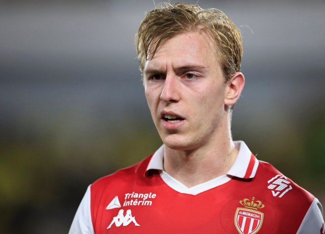 Monaco's Danish forward #14 Mika Biereth reacts as he leaves the field during the French L1 football match between AS Monaco and Stade de Reims at the Louis II Stadium (Stade Louis II) in the Principality of Monaco on February 28, 2025. (Photo by Valery HACHE / AFP) (Photo by VALERY HACHE/AFP via Getty Images)