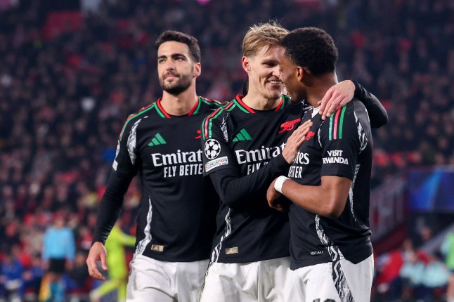 2025-03-04 PSV v Arsenal FC - UEFA Champions League 2024/25 Round of 16 First Leg EINDHOVEN, NETHERLANDS - MARCH 4: Martin Odegaard of Arsenal FC celebrates after scoring his teams sixth goal, Mikel Merino of Arsenal FC, Jurrien Timber of Arsenal FC during the UEFA Champions League 2024/25 Round of 16 First Leg match between PSV and Arsenal FC at PSV Stadion on March 4, 2025 in Eindhoven, Netherlands. Eindhoven PSV Stadion Netherlands Content not available for redistribution in The Netherlands directly or indirectly through any third parties. Copyright: xBenxGalx, Credit:IMAGO/Ben Gal / Avalon
