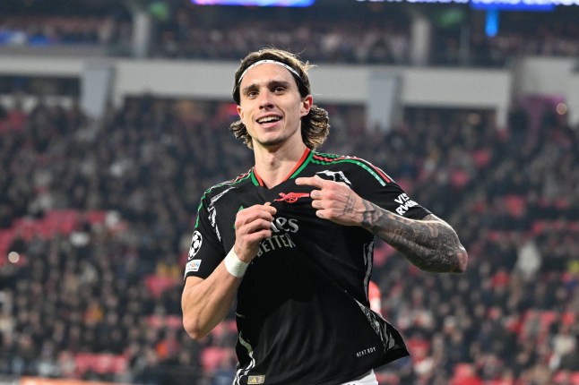 PSV Eindhoven v Arsenal Champions League 04/03/2025. **GOAL** Arsenal defender Riccardo Calafiori 33 GOAL scores 1-7 and celebrates during the Champions League match between PSV Eindhoven and Arsenal at Philips Stadion, Eindhoven, Netherlands on 4 March 2025. Eindhoven Philips Stadion Endhoven Netherlands Editorial use only , Copyright: xSimonxTraylenx PSI-21570-0070, Credit:IMAGO/Simon Traylen / Avalon