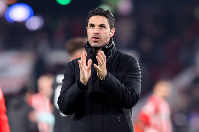 2025-03-04 PSV v Arsenal FC - UEFA Champions League 2024/25 Round of 16 First Leg EINDHOVEN, NETHERLANDS - MARCH 4: Head Coach Mikel Arteta of Arsenal FC thanking fans for their support celebrates his sides win after the UEFA Champions League 2024/25 Round of 16 First Leg match between PSV and Arsenal FC at PSV Stadion on March 4, 2025 in Eindhoven, Netherlands. Eindhoven PSV Stadion Netherlands Content not available for redistribution in The Netherlands directly or indirectly through any third parties. Copyright: xBenxGalx, Credit:IMAGO/Ben Gal / Avalon