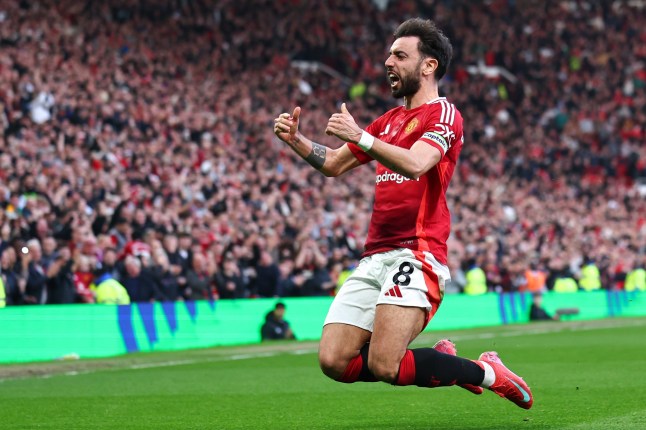 MANCHESTER, ENGLAND - MARCH 9: Bruno Fernandes of Manchester United celebrates after scoring a goal to make it -0 during the Premier League match between Manchester United FC and Arsenal FC at Old Trafford on March 9, 2025 in Manchester, England. (Photo by Robbie Jay Barratt - AMA/Getty Images)