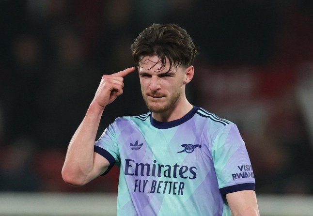 Soccer Football - Premier League - Manchester United v Arsenal - Old Trafford, Manchester, Britain - March 9, 2025 Arsenal's Declan Rice reacts after the match REUTERS/Phil Noble EDITORIAL USE ONLY. NO USE WITH UNAUTHORIZED AUDIO, VIDEO, DATA, FIXTURE LISTS, CLUB/LEAGUE LOGOS OR 'LIVE' SERVICES. ONLINE IN-MATCH USE LIMITED TO 120 IMAGES, NO VIDEO EMULATION. NO USE IN BETTING, GAMES OR SINGLE CLUB/LEAGUE/PLAYER PUBLICATIONS. PLEASE CONTACT YOUR ACCOUNT REPRESENTATIVE FOR FURTHER DETAILS..