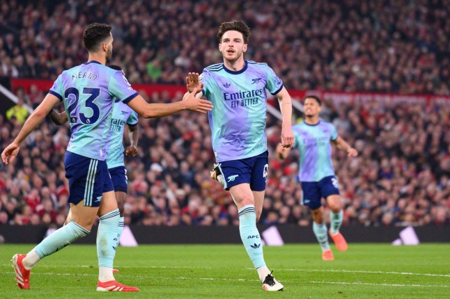 Alamy Live News. 3A1NF61 Old Trafford MANCHESTER, ENGLAND - MARCH 09: Declan Rice of Arsenal FC celebrates his goal during the Premier League 2024/25 Matchweek 28 match between Manchester United FC and Arsenal FC at Old Trafford, on March 09, 2025 in Manchester, England. (Richard Callis / SPP) This is an Alamy Live News image and may not be part of your current Alamy deal . If you are unsure, please contact our sales team to check.