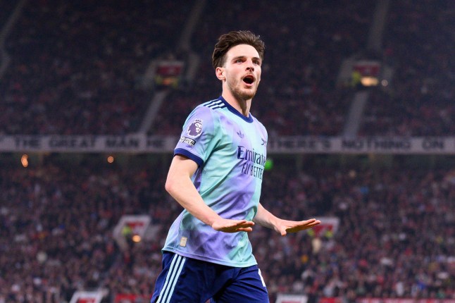 Mandatory Credit: Photo by Richard Callis/SPP/Shutterstock (15186669b) Old Trafford MANCHESTER, ENGLAND - MARCH 09: Declan Rice of Arsenal FC celebrates his goal during the Premier League 2024/25 Matchweek 28 match between Manchester United FC and Arsenal FC at Old Trafford, on March 09, 2025 in Manchester, England. (Richard Callis / SPP) Manchester United FC v Arsenal FC - Premier League 2024/25 - Matchweek 28, Old Trafford, England - 09 Mar 2025