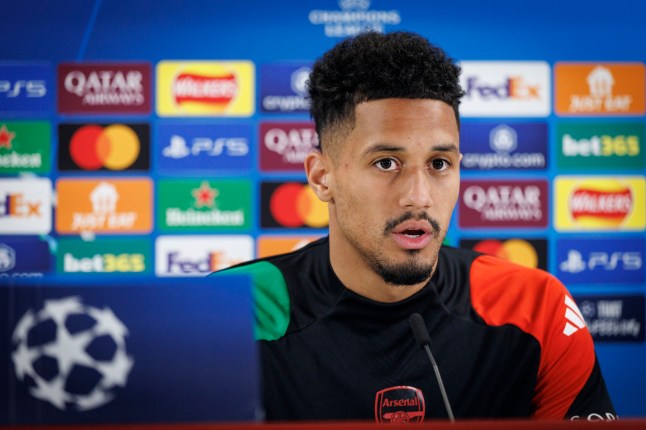 epa11955772 Arsenal player William Saliba attends a press conference at Arsenal training grounds in Colney, north London, Britain, 11 March 2025. Arsenal will face PSV in a UEFA Champions League Round of 16, 2nd leg soccer match on 12 March 2025. EPA/TOLGA AKMEN