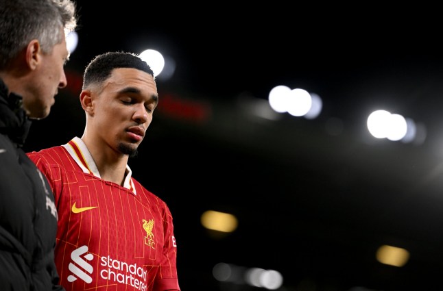 LIVERPOOL, ENGLAND - MARCH 11: (SUN OUT, SUN ON SUNDAY OUT) Trent Alexander-Arnold of Liverpool reacts, after leaving the pitch with an injury during the UEFA Champions League 2024/25 Round of 16 Second Leg match between Liverpool FC and Paris Saint-Germain at Anfield on March 11, 2025 in Liverpool, England. (Photo by Liverpool FC/Liverpool FC via Getty Images)
