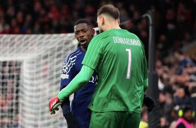 LIVERPOOL, ENGLAND - MARCH 11: Ousmane Dembele #10 of Paris Saint-Germain celebrates after scoring a penalty kick with Gianluigi Donnarumma #1 after the UEFA Champions League 2024/25 UEFA Champions League 2024/25 Round of 16 Second Leg match between Liverpool FC and Paris Saint-Germain at Anfield on March 11, 2025 in Liverpool, England. (Photo by Xavier Laine/Getty Images)