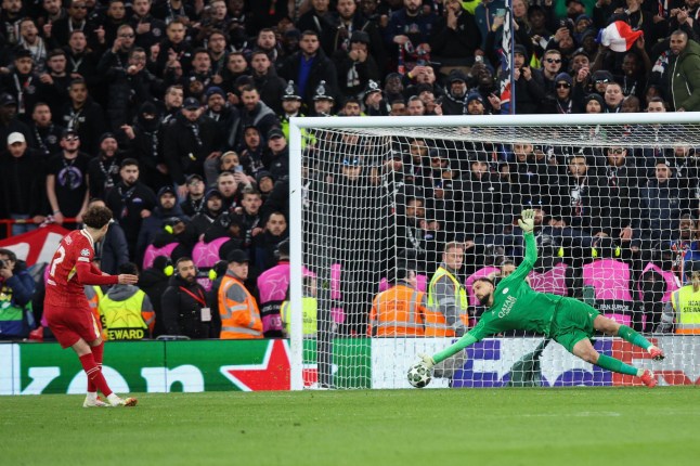 Alamy Live News. 3A24M65 LIVERPOOL, UK - 11th Mar 2025: Gianluigi Donnarumma of PSG saves the penalty of Curtis Jones of Liverpool in the shoot-out during the UEFA Champions League last-16 second leg match between Liverpool FC and Paris Saint-Germain at Anfield (Credit: Craig Mercer/ Alamy Live News) This is an Alamy Live News image and may not be part of your current Alamy deal . If you are unsure, please contact our sales team to check.