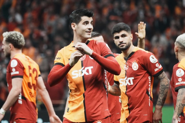 ISTANBUL, TURKEY - MARCH 14: Alvaro Morata of Galatasaray celebrates after scoring the second goal of his team during the Turkish Super League match between Galatasaray and Antalyaspor at Rams Park Stadium on March 14, 2025 in Istanbul, Turkey. (Photo by Seskim Photo/MB Media/Getty Images)