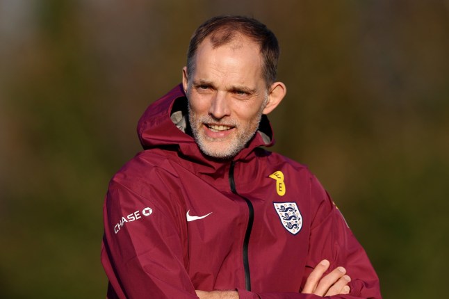 ENFIELD, ENGLAND - MARCH 20: Thomas Tuchel, Head Coach of England, reacts during a training session at Tottenham Hotspur Training Centre on March 20, 2025 in Enfield, England. (Photo by Eddie Keogh - The FA/The FA via Getty Images)