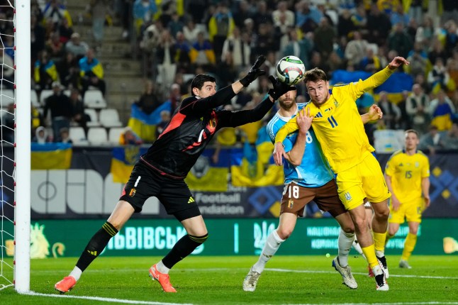 RESTRICTED TO EDITORIAL USE Mandatory Credit: Photo by Jose Breton/NurPhoto/Shutterstock (15214485bs) Thibaut Courtois goalkeeper of Belgium and Real Madrid makes a save during the UEFA Nations League 2024/25 League A/B Play-offs first leg match between Ukraine and Belgium at Estadio Enrique Roca on March 20, 2025 in Murcia, Spain. Ukraine v Belgium - UEFA Nations League 2024/25 League A/B Play-offs First Leg, Murcia, Spain - 20 Mar 2025