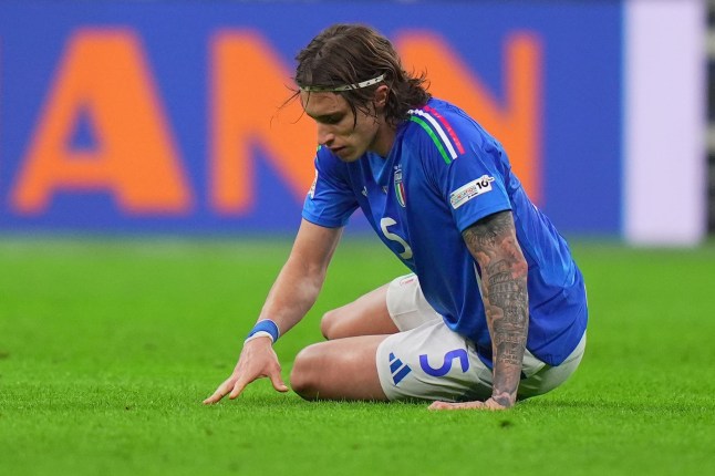 Mandatory Credit: Photo by Spada/LaPresse/Shutterstock (15214507cb) Italy's Riccardo Calafiori during the Uefa Nations League soccer match between Italy and Germany at the San Siro Stadium in Milan, north Italy - Thursday , Mach 20 , 2025 . Sport - Soccer . Italy vs Germany - Uefa Nations League, Milan - 20 Mar 2025
