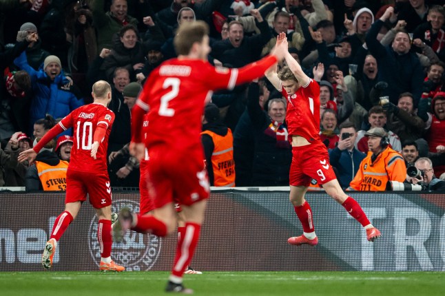 COPENHAGEN, DENMARK - MARCH 20: Rasmus Hojlund of Denmark celebrates after scoring a goal for 1:0 during the UEFA Nations League quarterfinal leg one match between Denmark and Portugal at Parken Stadium on March 20, 2025 in Copenhagen, Denmark. (Photo by Mateusz Slodkowski/Getty Images)
