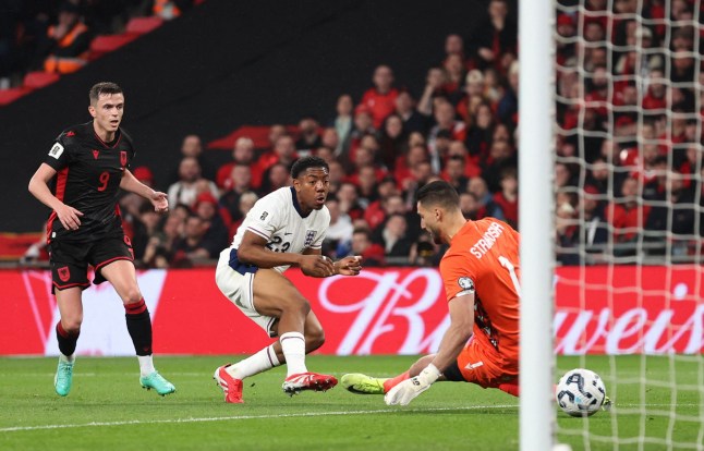 Soccer Football - World Cup - European Qualifiers - Group K - England v Albania - Wembley Stadium, London, Britain - March 21, 2025 England's Myles Lewis-Skelly scores their first goal past Albania's Thomas Strakosha REUTERS/David Klein