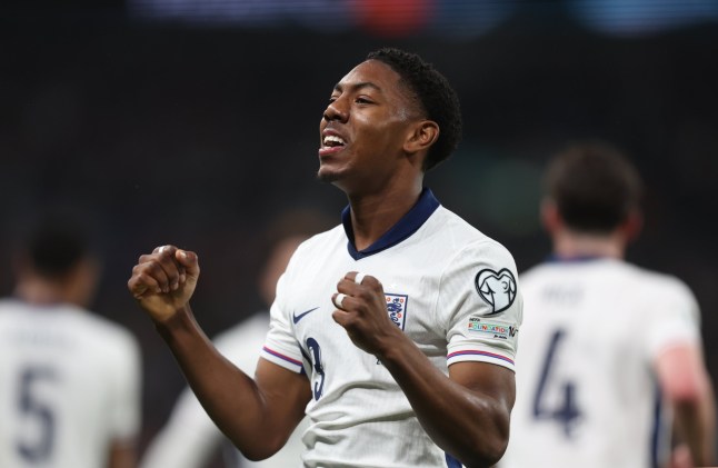 LONDON, ENGLAND - MARCH 21: England's Myles Lewis-Skelly celebrates scoring his side's first goal during the FIFA World Cup 2026 European Qualifier between England and Albania at Wembley Stadium on March 21, 2025 in London, England. (Photo by Rob Newell - CameraSport via Getty Images)