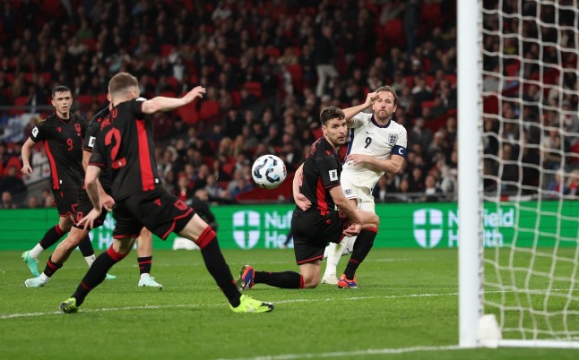 Soccer Football - World Cup - European Qualifiers - Group K - England v Albania - Wembley Stadium, London, Britain - March 21, 2025 England's Harry Kane scores their second goal REUTERS/David Klein
