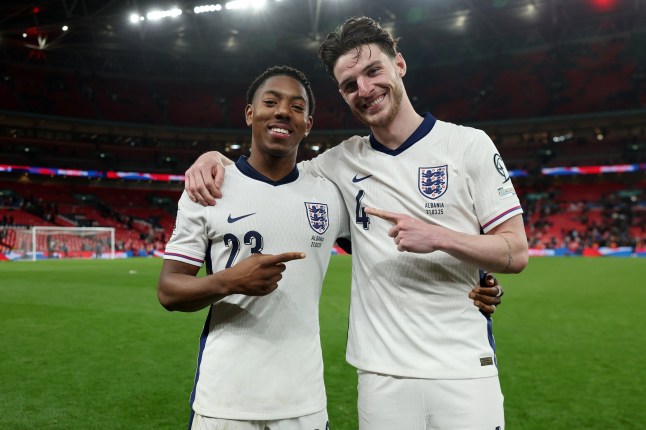 LONDON, ENGLAND - MARCH 21: Myles Lewis-Skelly and Declan Rice of England pose for a photo following the FIFA World Cup 2026 European Qualifier between England and Albania at Wembley Stadium on March 21, 2025 in London, England. (Photo by Eddie Keogh - The FA/The FA via Getty Images)