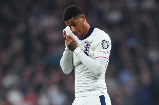 LONDON, ENGLAND - MARCH 21: Marcus Rashford of England looks dejected during the FIFA World Cup 2026 European Qualifier between England and Albania at Wembley Stadium on March 21, 2025 in London, England. (Photo by Marc Atkins/Getty Images)