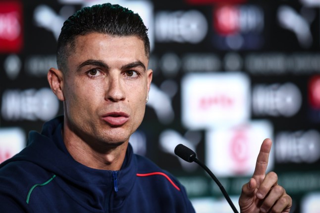epa11981651 Portugal soccer player Cristiano Ronaldo speaks during a press conference in Oeiras, Portugal, 22 March 2025. Portgual will face Denmark in their UEFA Nations League semi final second leg match on 23 March 2025. EPA/RODRIGO ANTUNES