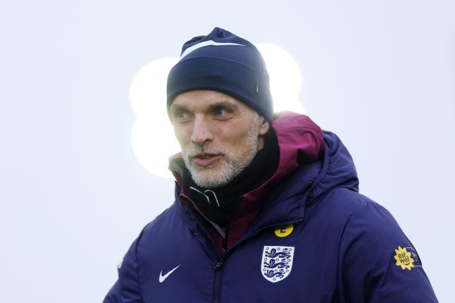 ENFIELD, ENGLAND - MARCH 23: Thomas Tuchel, Head Coach of England, looks on during a training session at Tottenham Hotspur Training Centre on March 23, 2025 in Enfield, England. (Photo by Eddie Keogh - The FA/The FA via Getty Images)